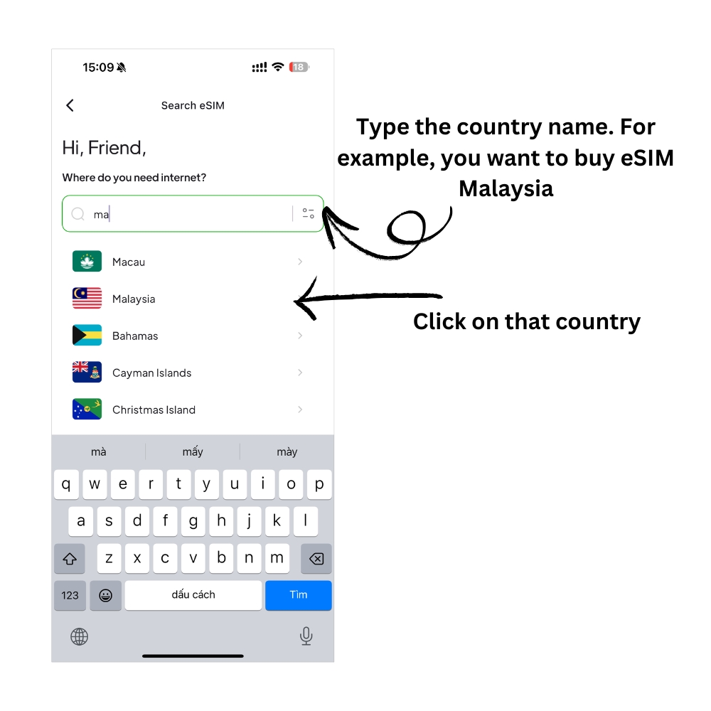 how to buy esim on Simgiga app step 2