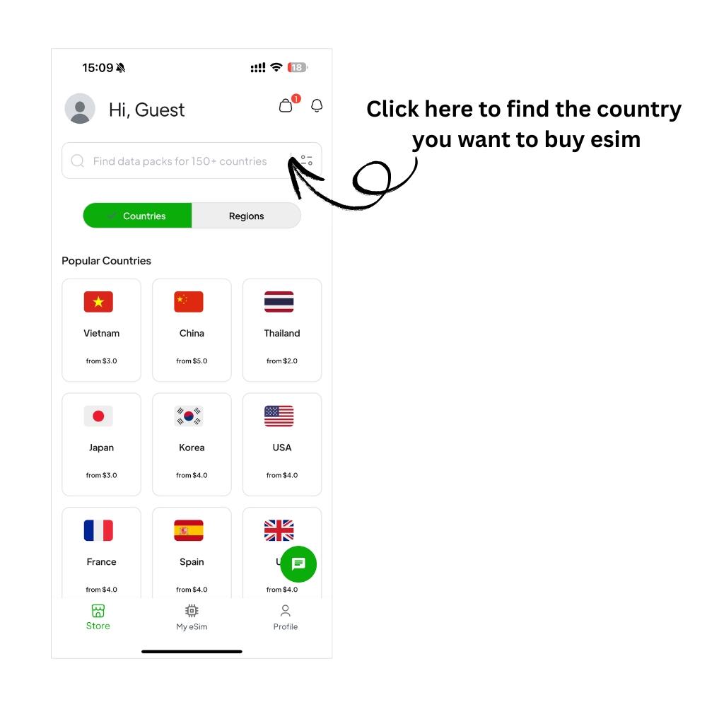 how to buy esim on Simgiga app step 1